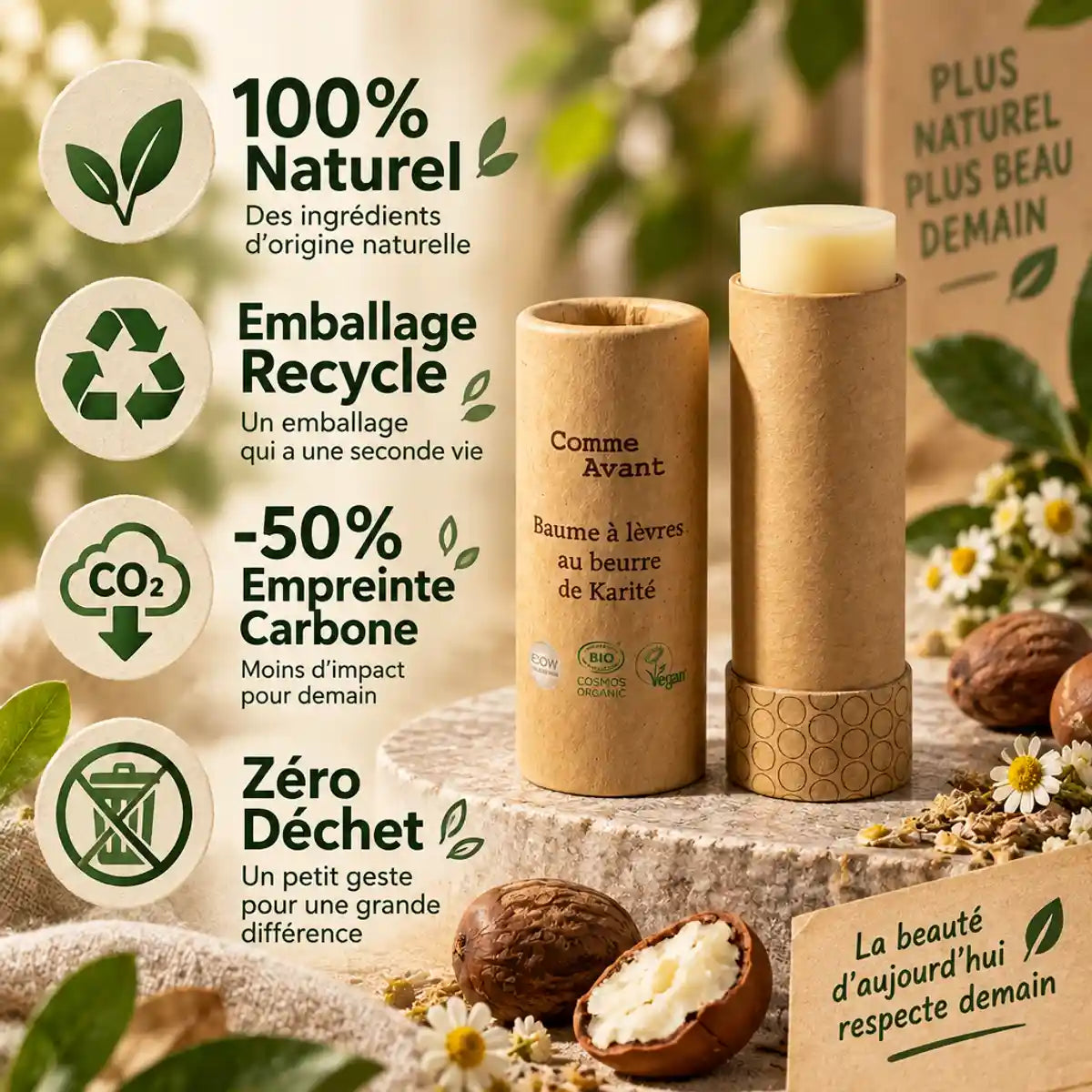 Baume à lèvres beurre de karité bio Comme Avant, emballage recyclé, 100% naturel et zéro déchet