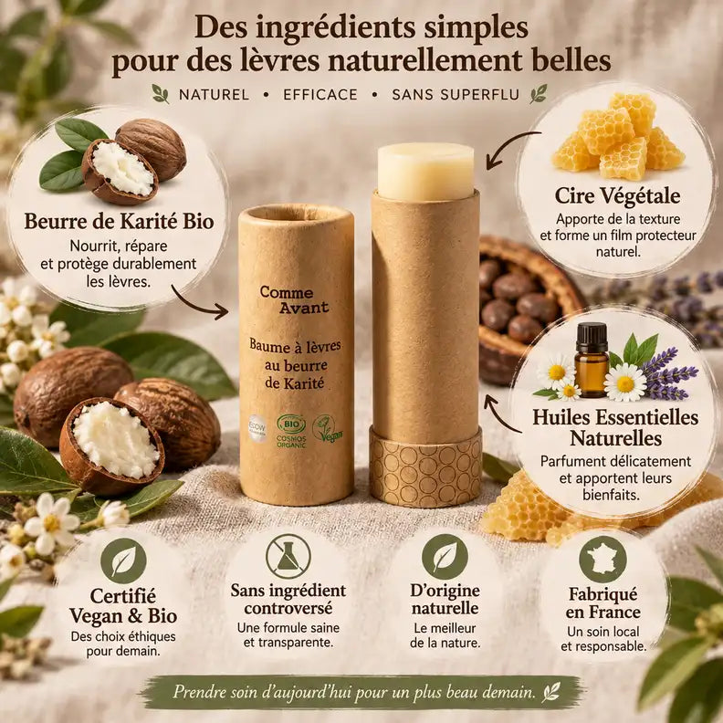 Baume à lèvres beurre de karité bio Comme Avant avec ingrédients naturels et certifications vegan