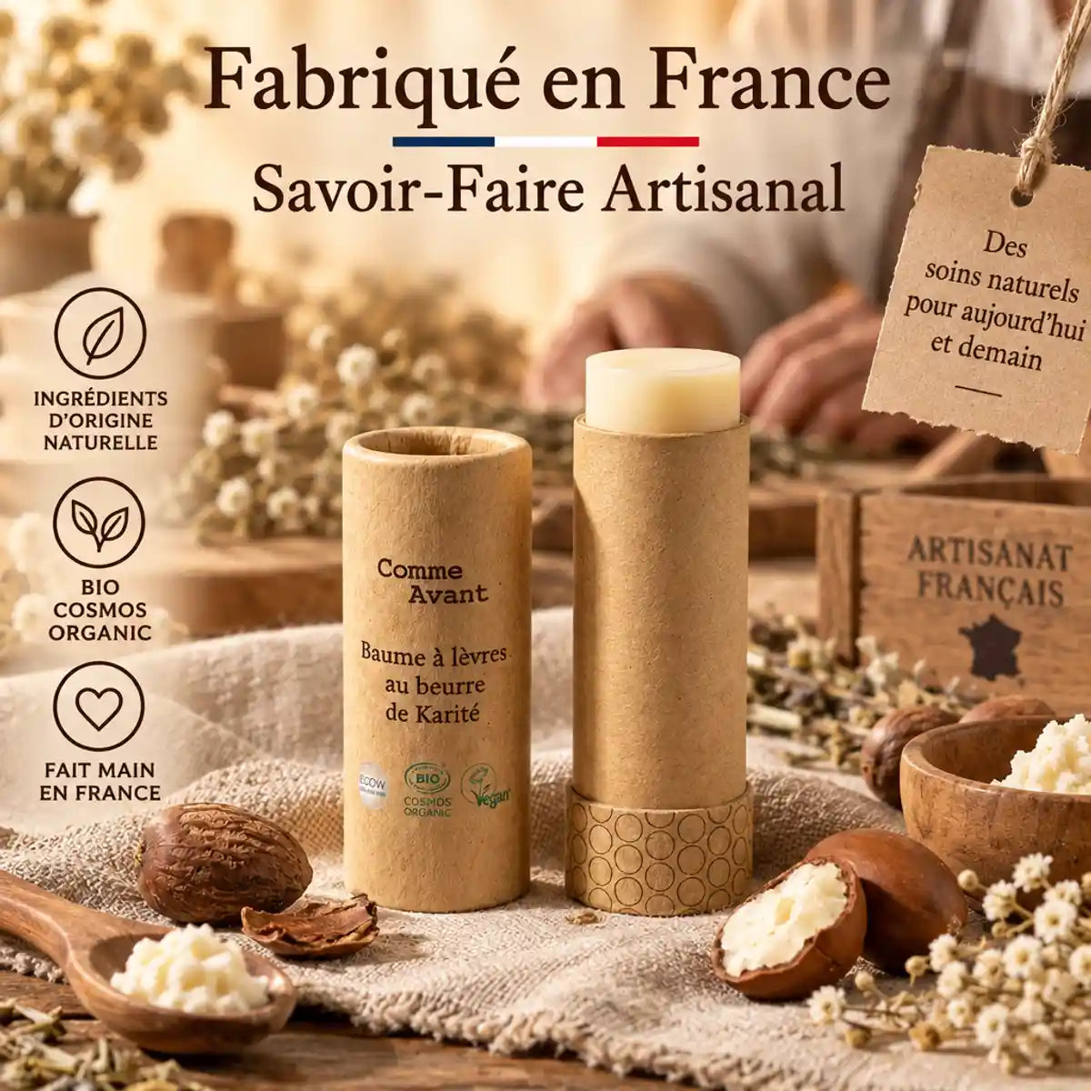 Baume à lèvres beurre de karité bio Comme Avant en tube kraft, fabriqué en France artisanal