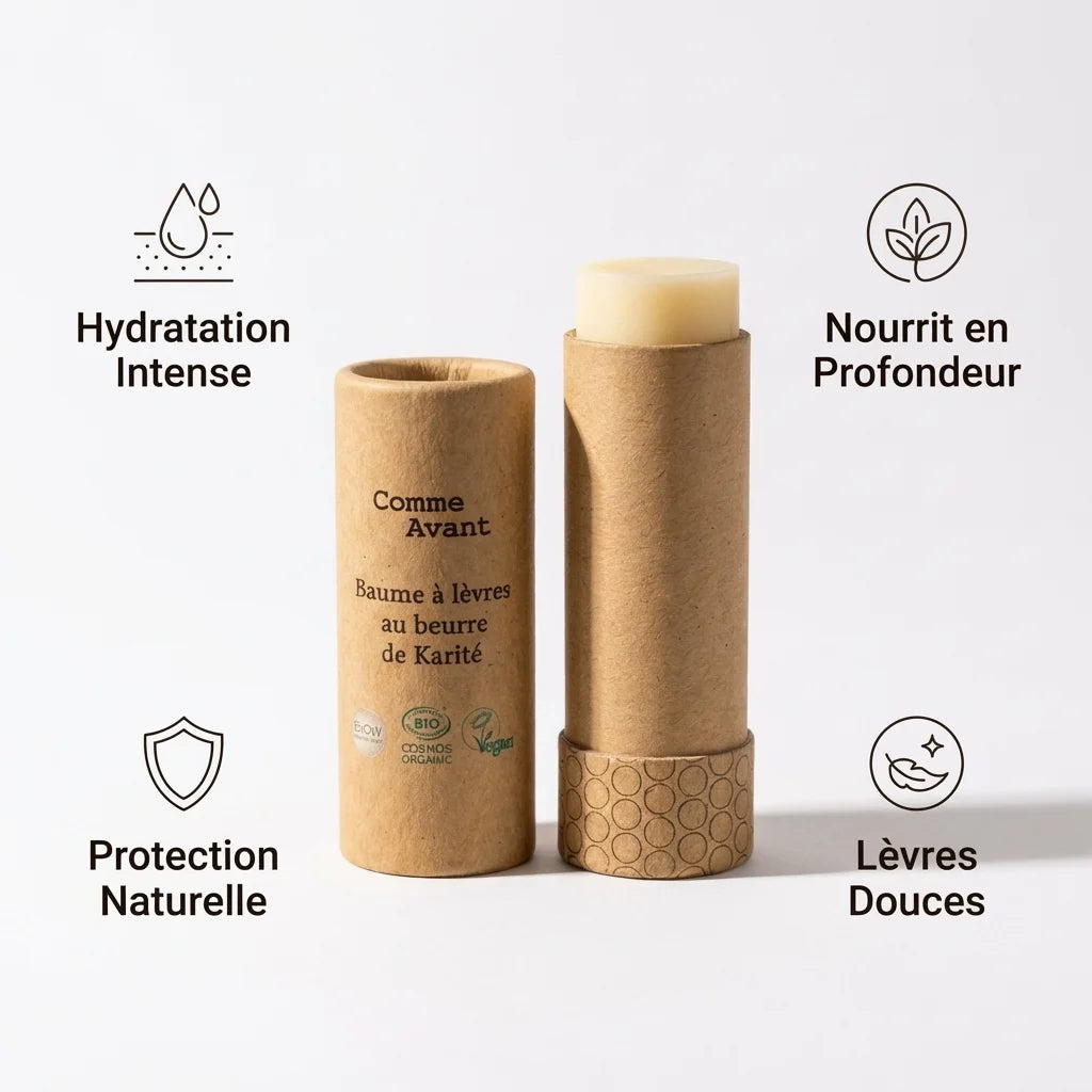 Baume à lèvres Comme Avant au beurre de karité bio en tube kraft sur fond blanc