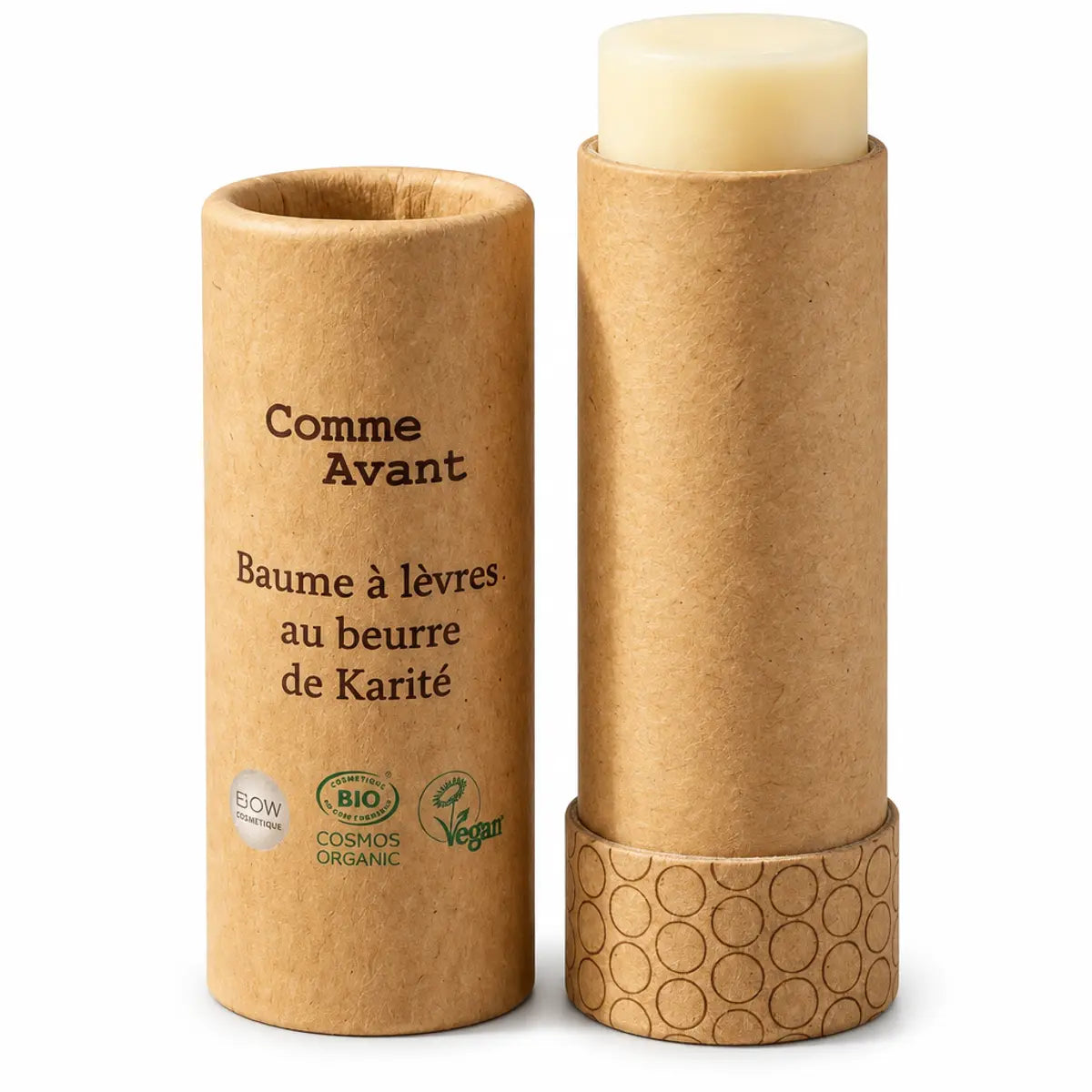 Baume à lèvres Comme Avant beurre de karité bio en tube kraft sur fond blanc