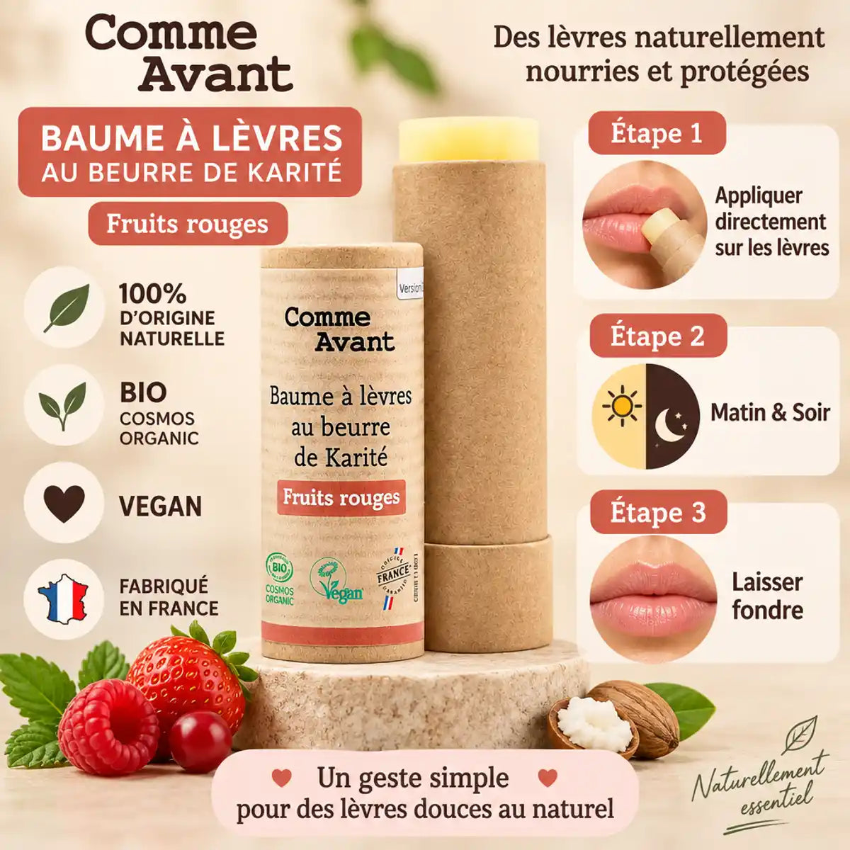 Baume à lèvres beurre de karité bio Comme Avant parfum fruits rouges - guide utilisation