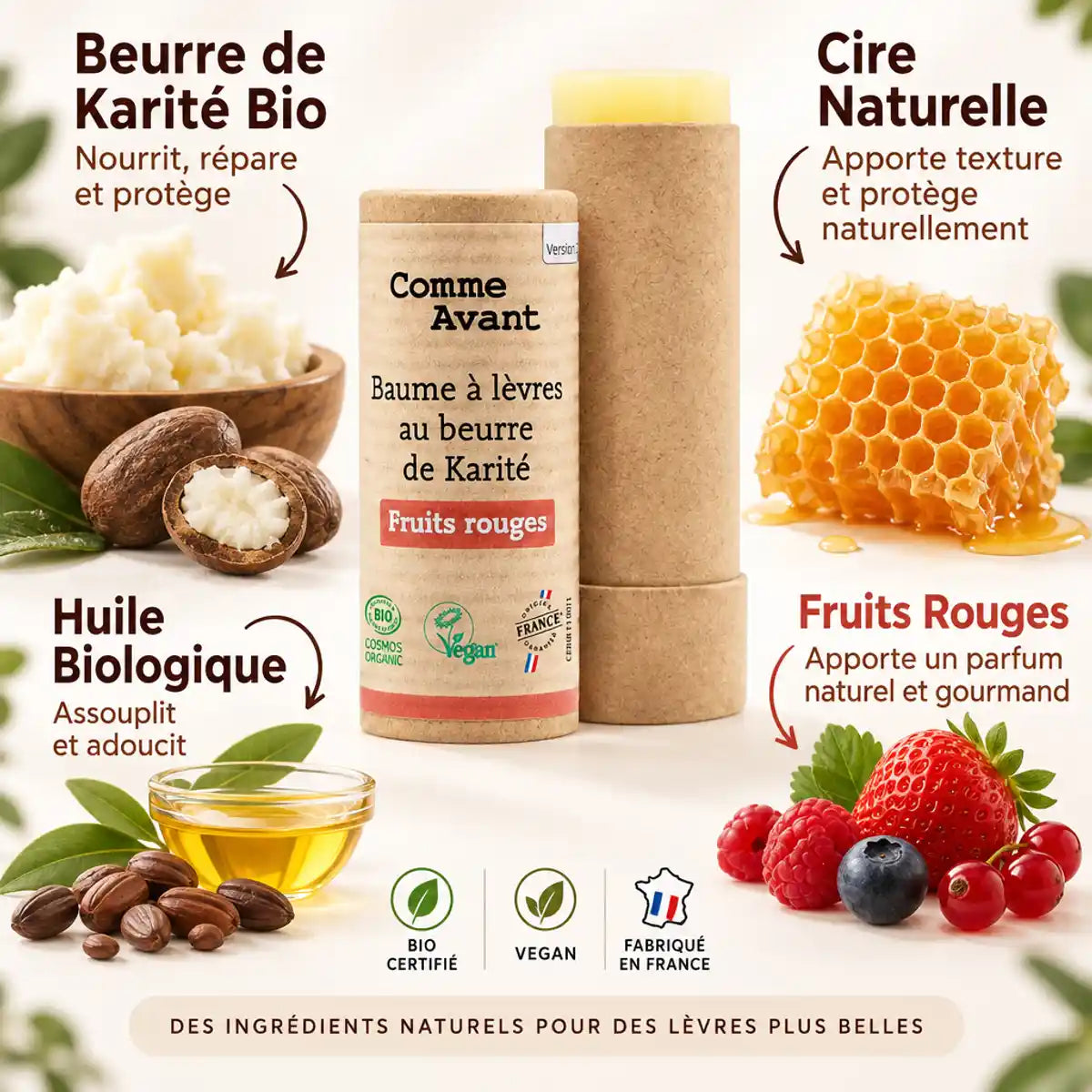 Baume à lèvres Comme Avant au beurre de karité bio, parfum fruits rouges, avec ingrédients naturels