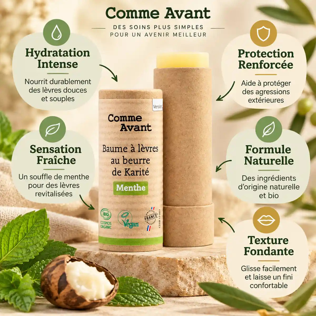 Baume à lèvres Comme Avant beurre de karité bio menthe avec ses 5 bénéfits