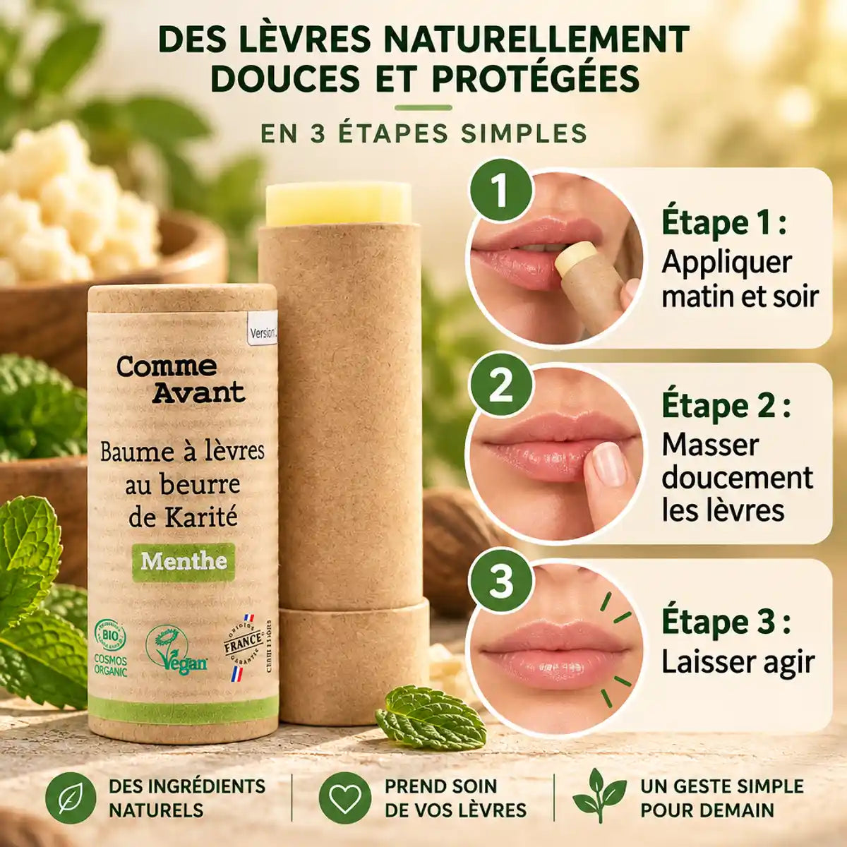 Baume à lèvres Comme Avant menthe - guide d'application en 3 étapes avec packaging bio