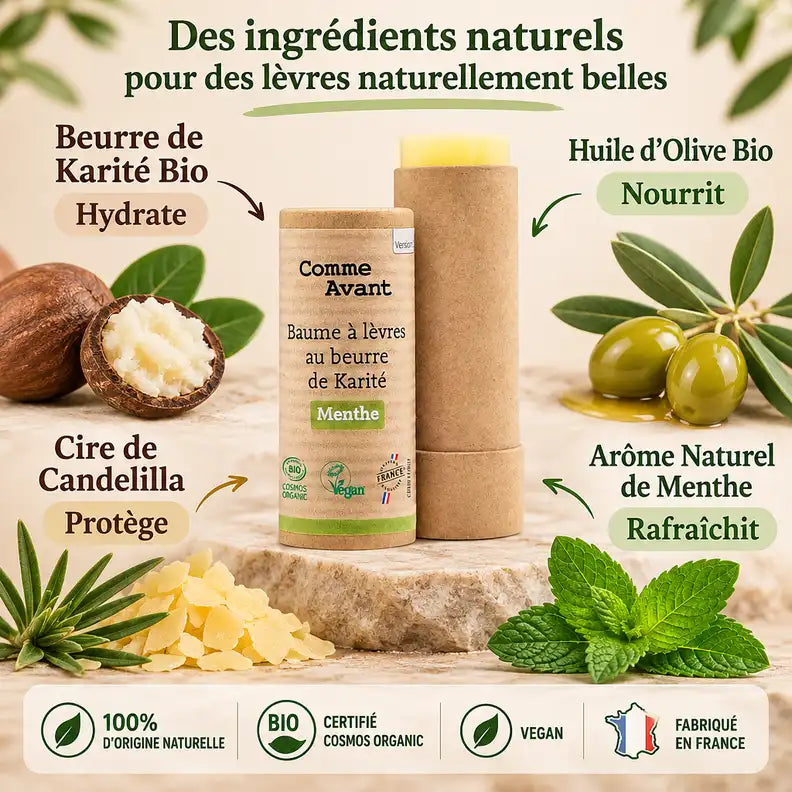Baume à lèvres Comme Avant beurre de karité bio menthe avec ingrédients naturels