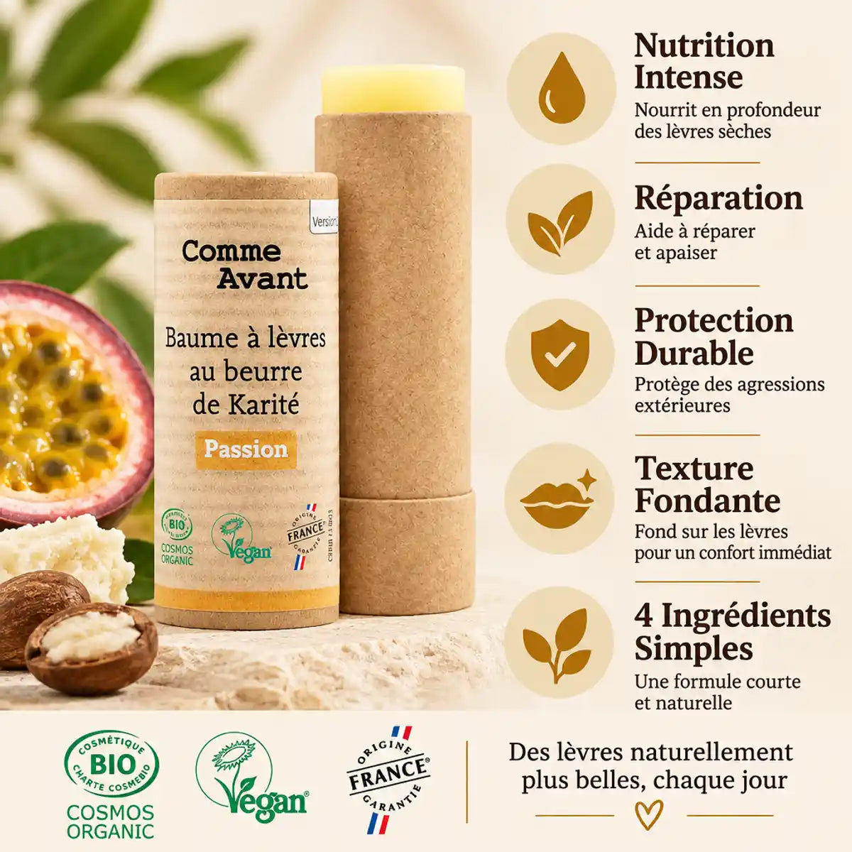 Baume à lèvres Comme Avant beurre de karité bio passion avec bénéfices nutrition, réparation et protection