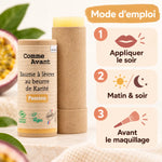 Baume à lèvres Comme Avant beurre de karité bio passion avec mode d'emploi application matin soir