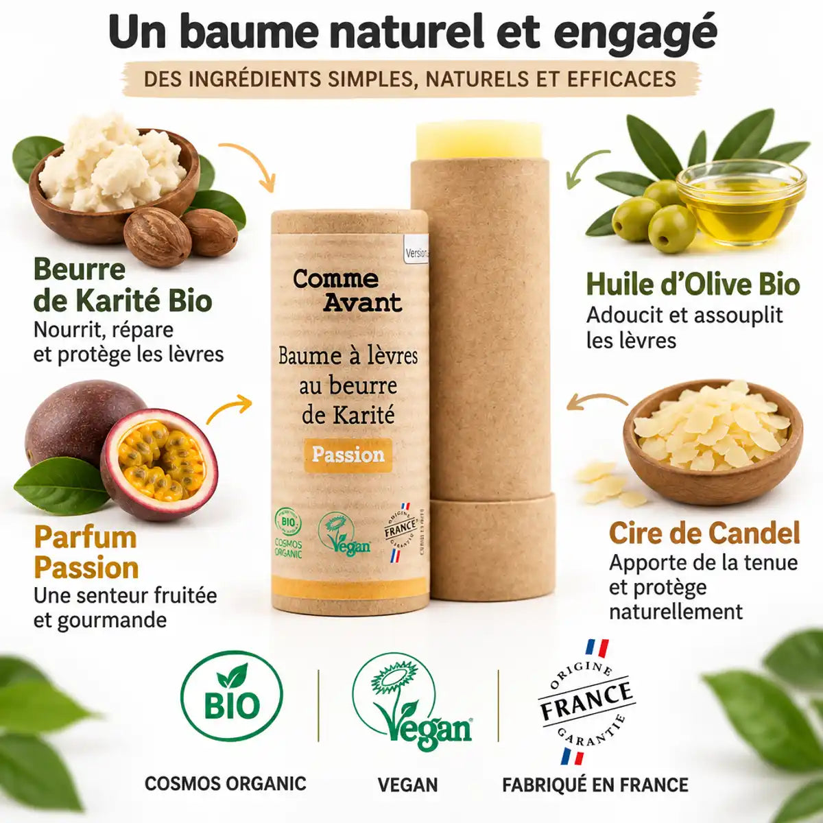 Baume à lèvres Comme Avant beurre de karité bio parfum passion avec ingrédients