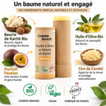 Baume à lèvres Comme Avant beurre de karité bio parfum passion avec ingrédients