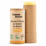 Baume à lèvres au beurre de karité bio Comme Avant Passion en tube carton sur fond blanc