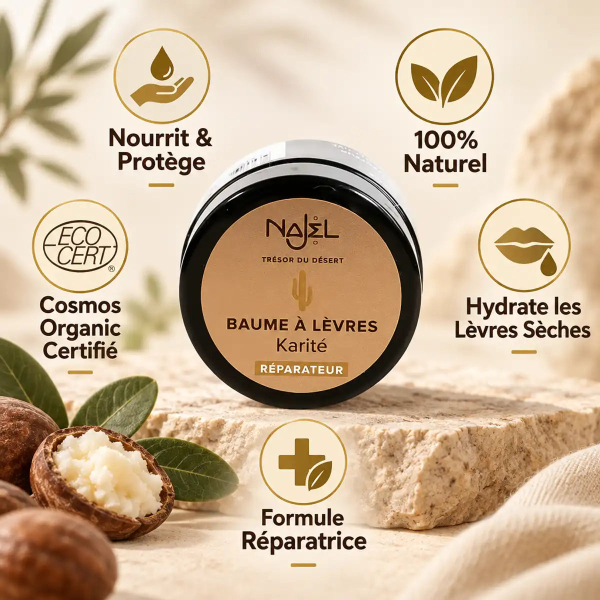 Baume à lèvres Karité Najel bio certifié avec icônes bénéfices naturels et hydratants