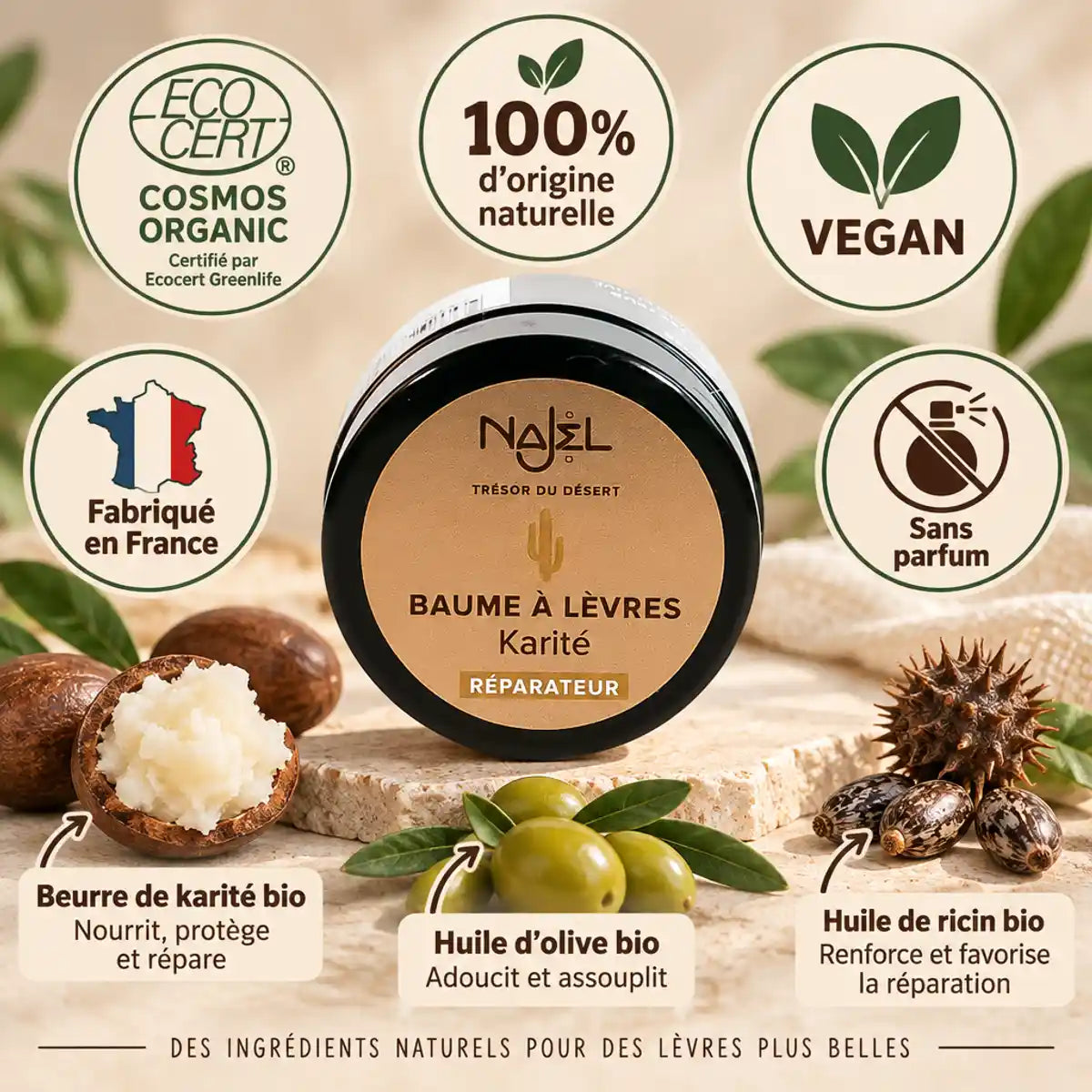 Baume à lèvres karité bio Najel 12g certifié cosmétique naturel vegan fabriqué France
