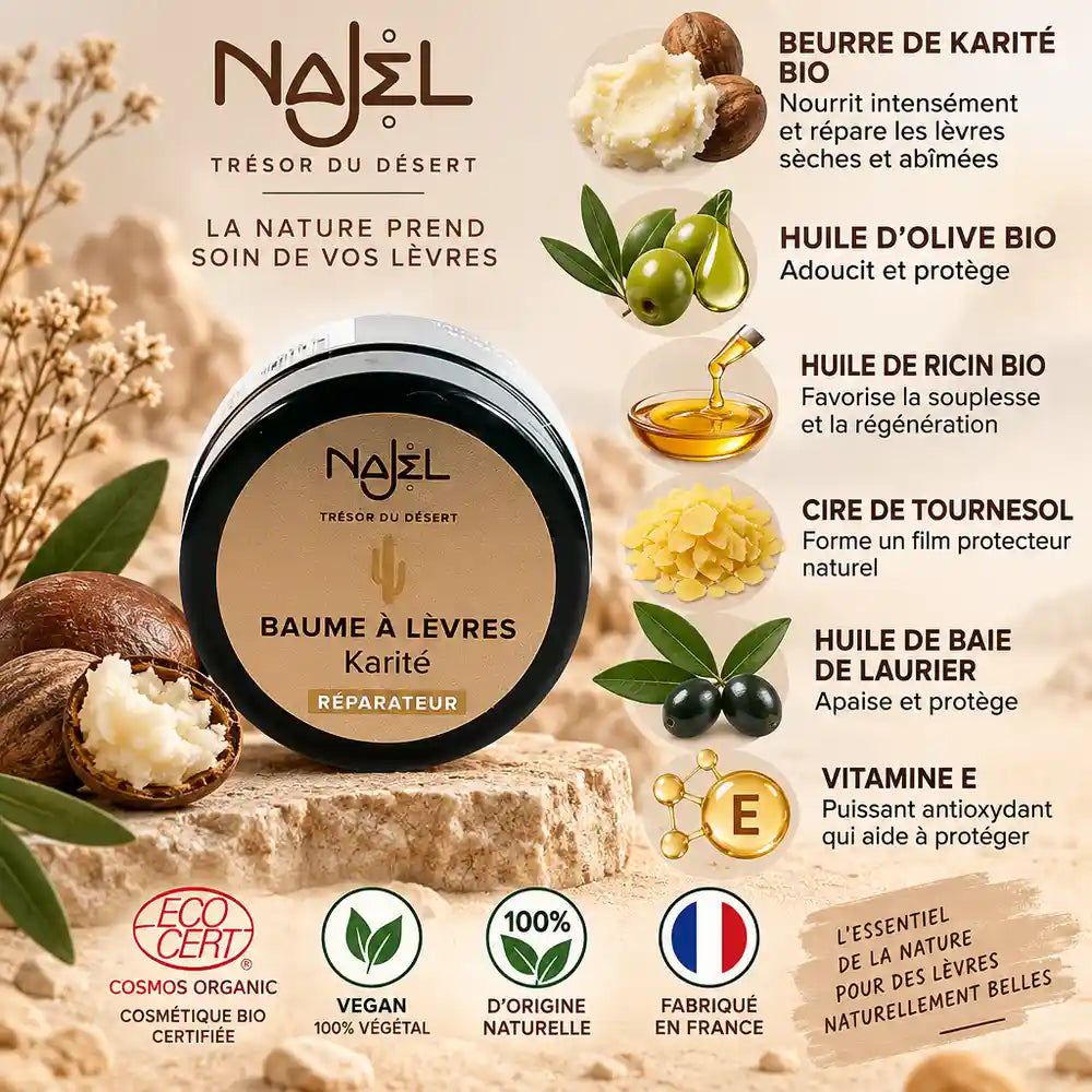 Baume à lèvres Karité bio Najel 12g avec ingrédients naturels et certifications