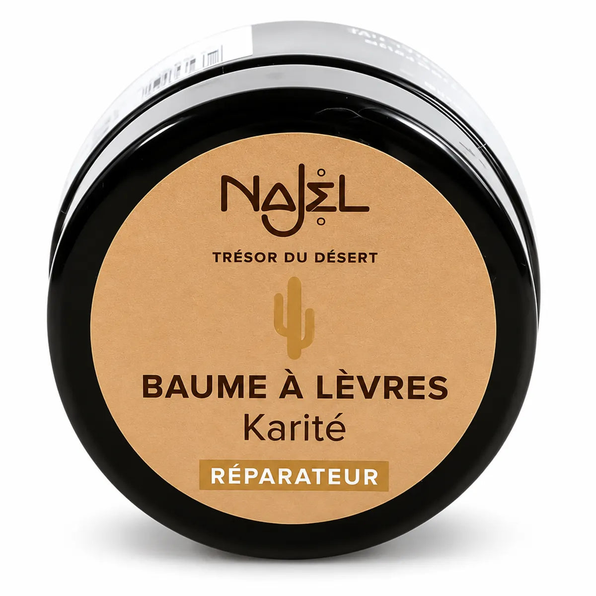 Baume à lèvres Najel au karité bio 12g en pot noir sur fond blanc