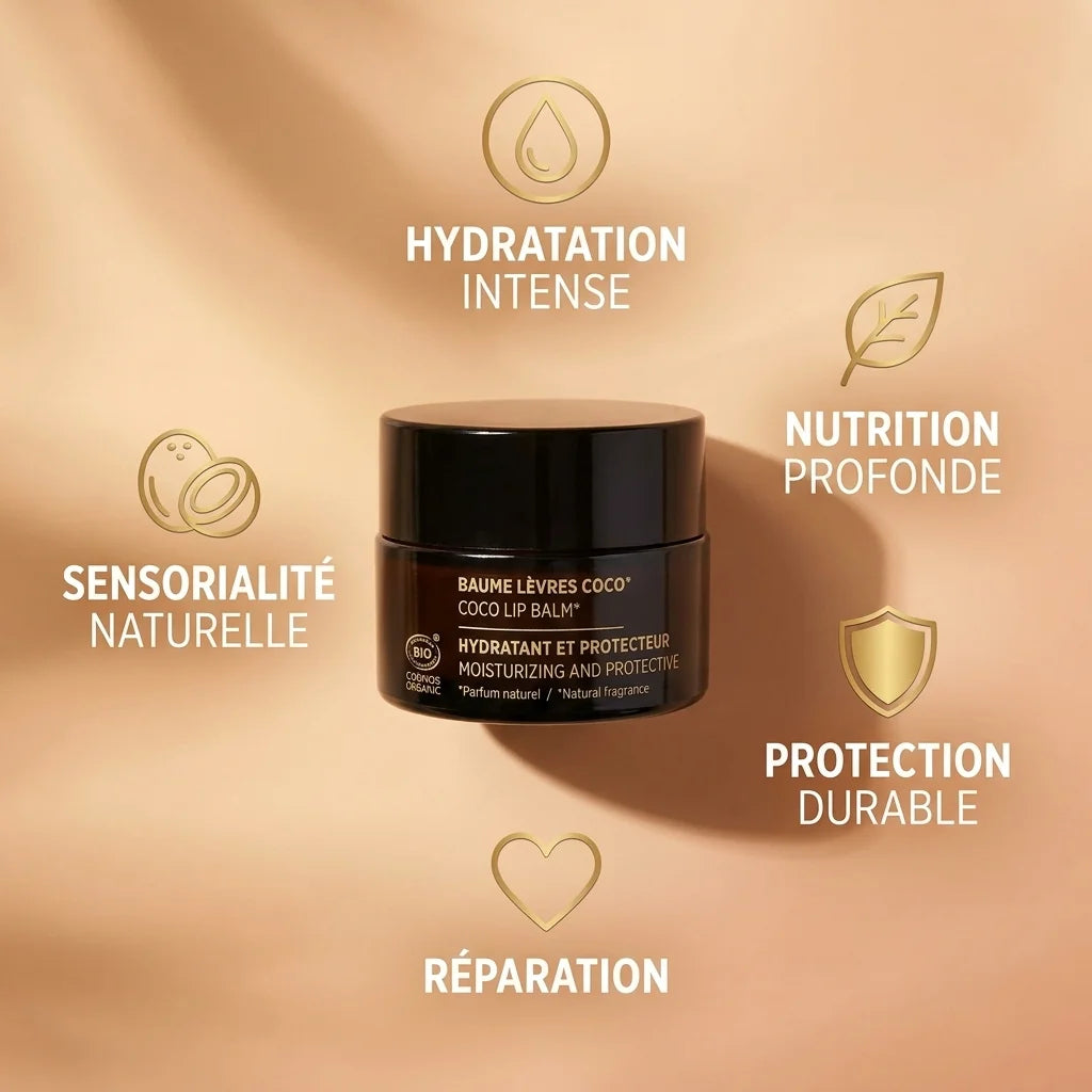 Baume à lèvres coco bio Najel avec infographie des 5 bénéfices : hydratation, nutrition, protection, réparation