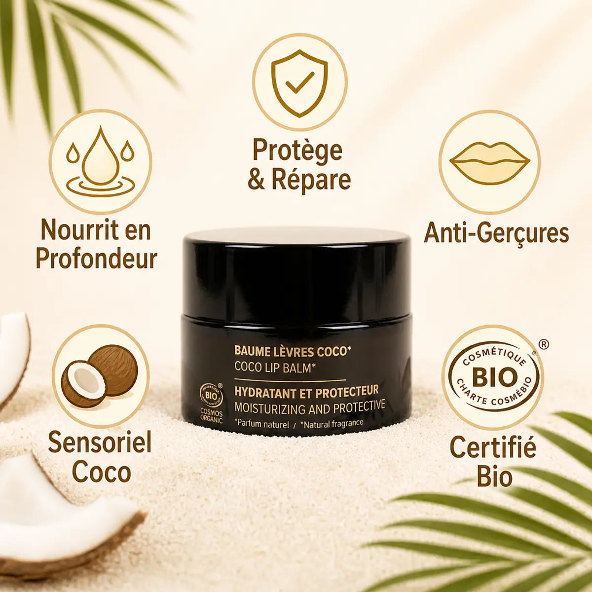 Baume à lèvres coco bio Najel nourrissant avec icônes bénéfices et certification bio