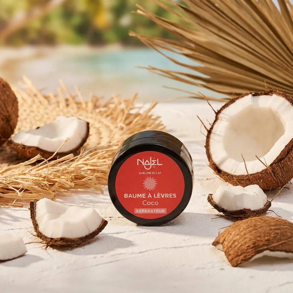 Baume à lèvres coco bio Najel avec emballage noir et rouge, noix de coco fraîche et textures naturelles