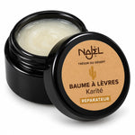 Pot de baume à lèvres Karité bio Najel 12 g, couvercle noir, étiquette kraft, texte réparateur, sans parfum, sur fond blanc