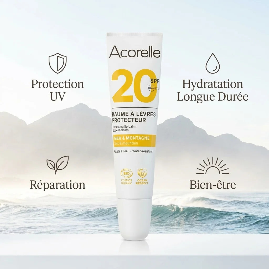 Baume à lèvres SPF20 bio Acorelle 10ml avec bénéfices UV, hydratation et réparation
