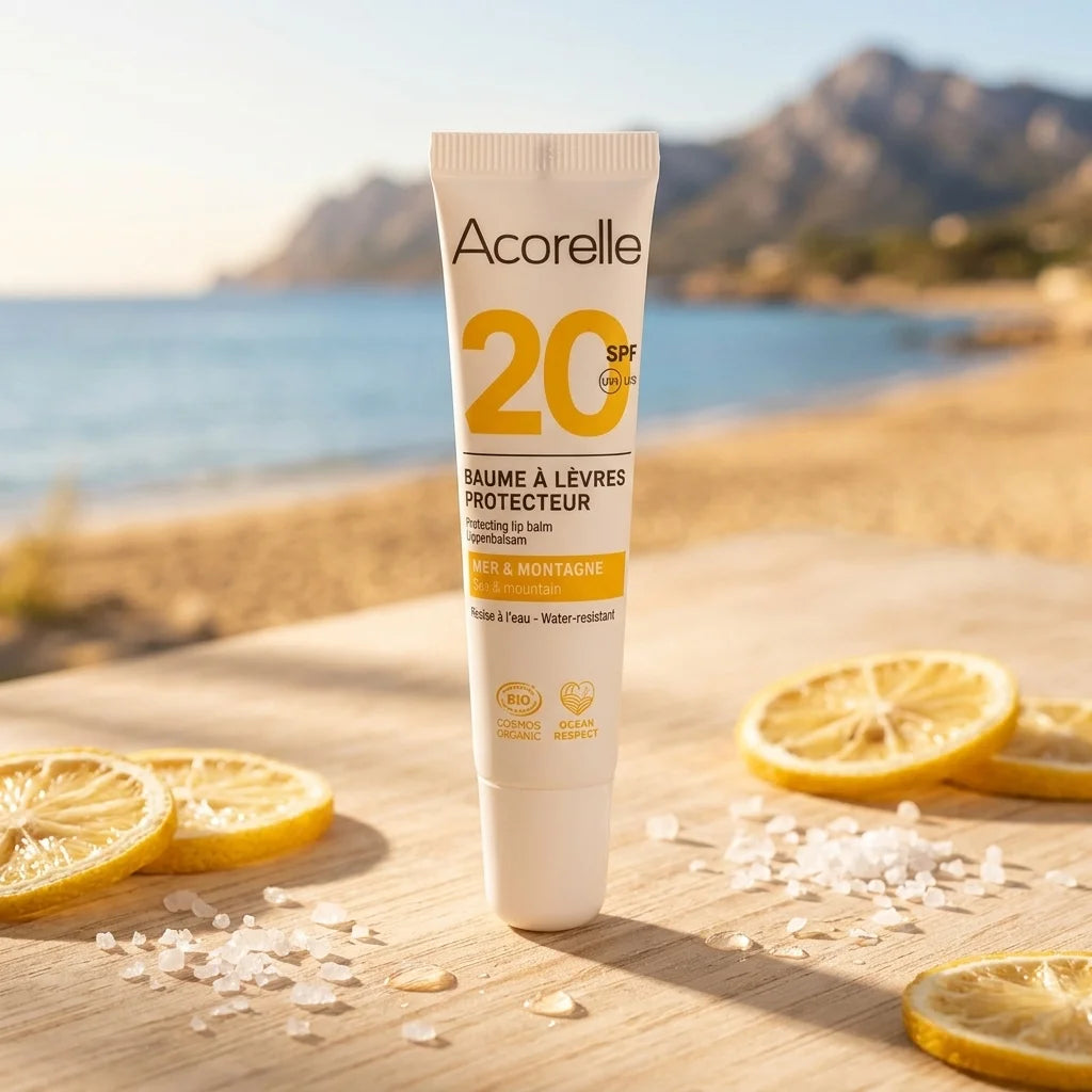 Baume à lèvres SPF20 bio Acorelle 10ml tube blanc sur scène côtière avec cristaux sel marin