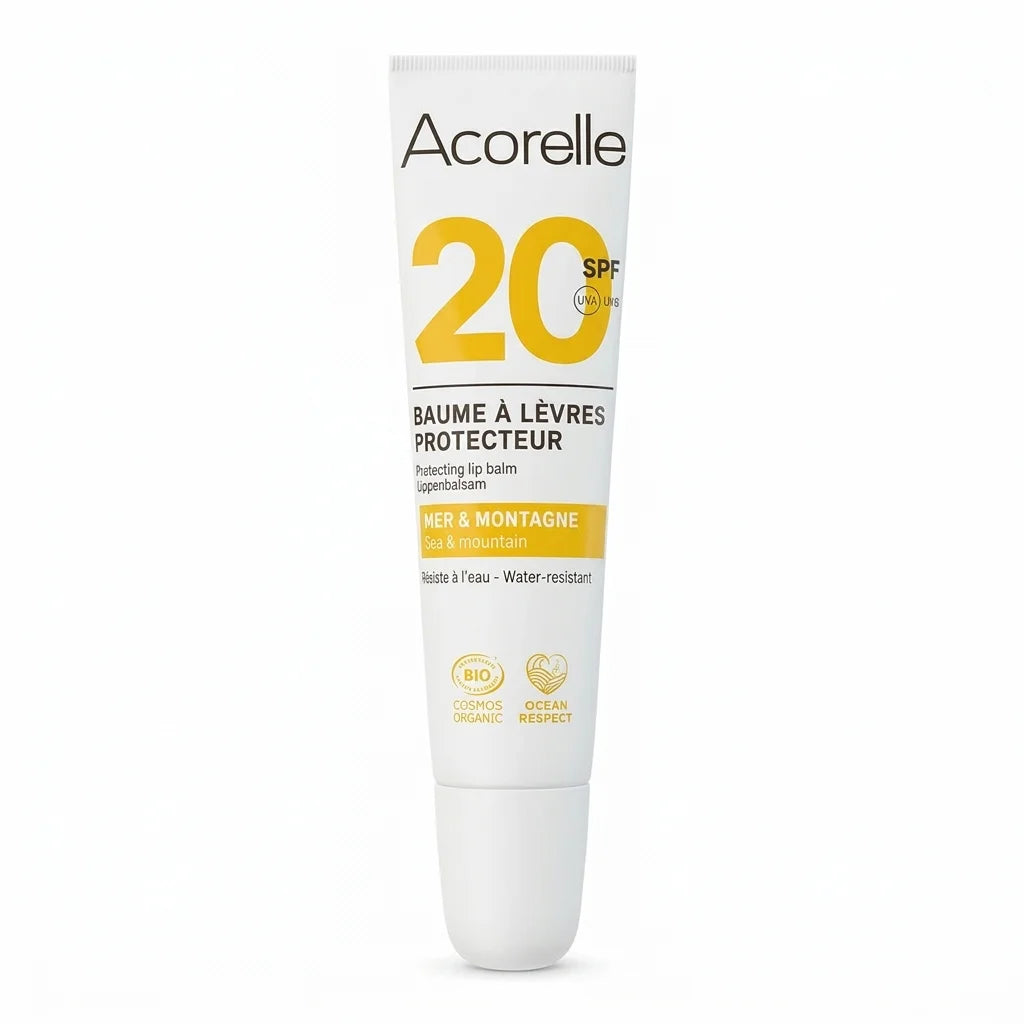Baume à lèvres SPF20 Bio Acorelle 10 ml, tube blanc certifié, protection solaire naturelle