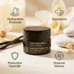 Baume à lèvres vanille bio Najel avec icônes hydratation, réparation et protection naturelle