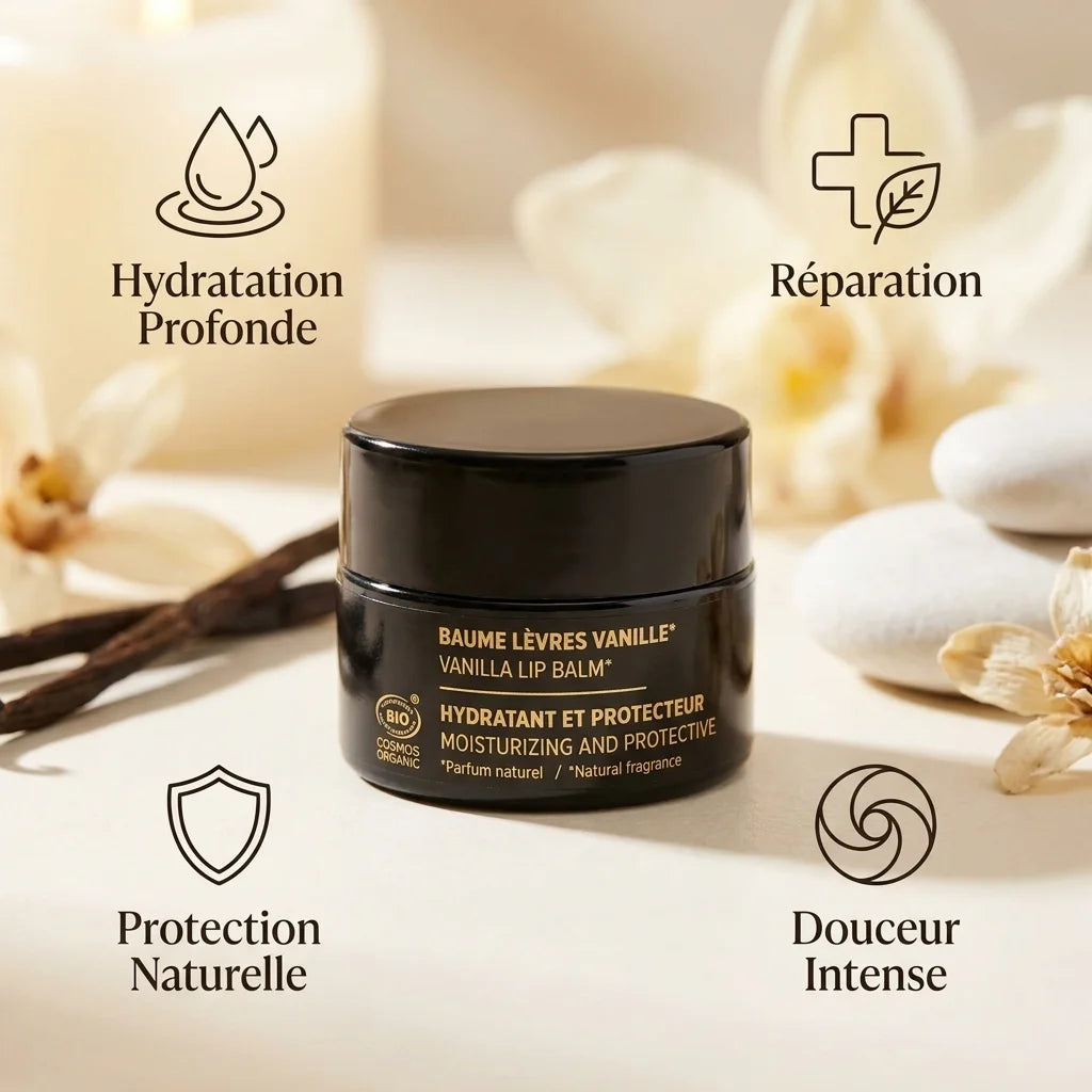 Baume à lèvres vanille bio Najel avec icônes hydratation, réparation et protection naturelle