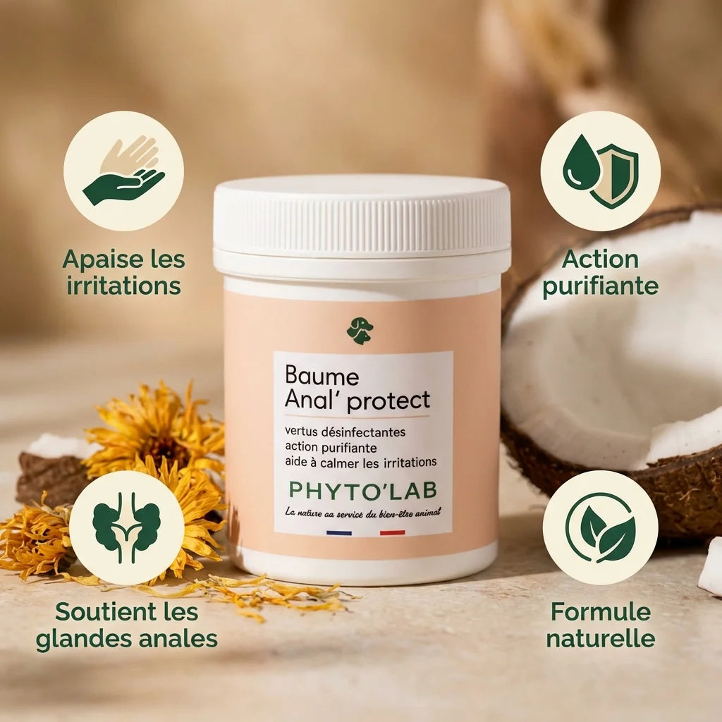Baume Anal Protect Phyto'Lab 50g avec infographie bénéfices santé glandes anales