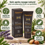 Baume après-rasage bio Florame 75ml avec icônes bénéfices et ingrédients naturels