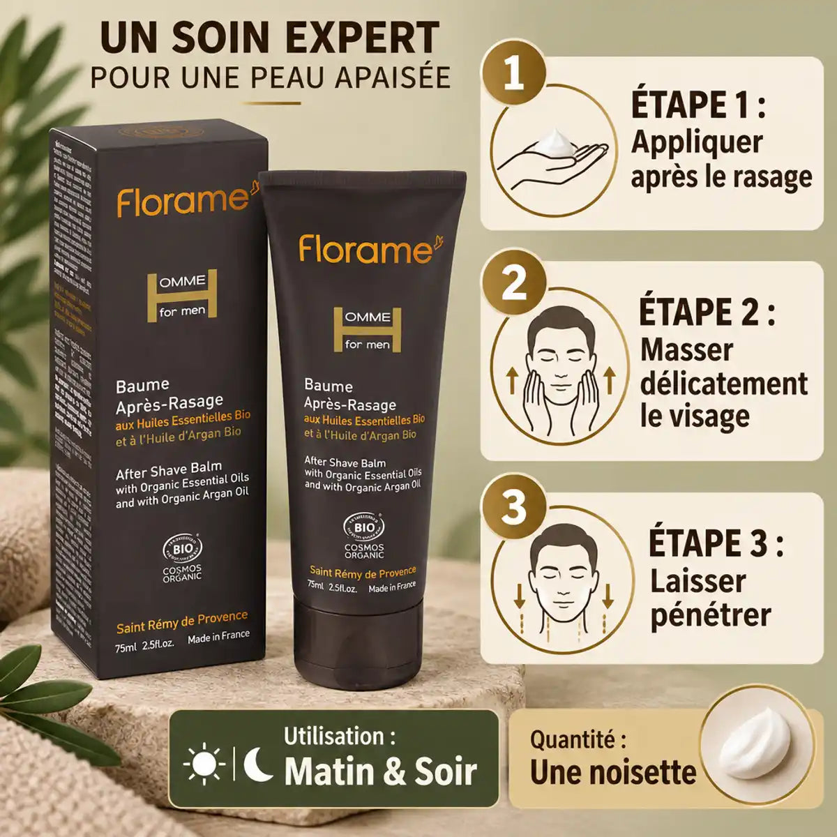 Baume après-rasage bio Florame 75ml avec guide d'application étapes visage homme