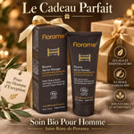 Baume après-rasage bio Florame 75ml en tube marron avec boîte dorée sur lin beige, emballage cadeau luxe