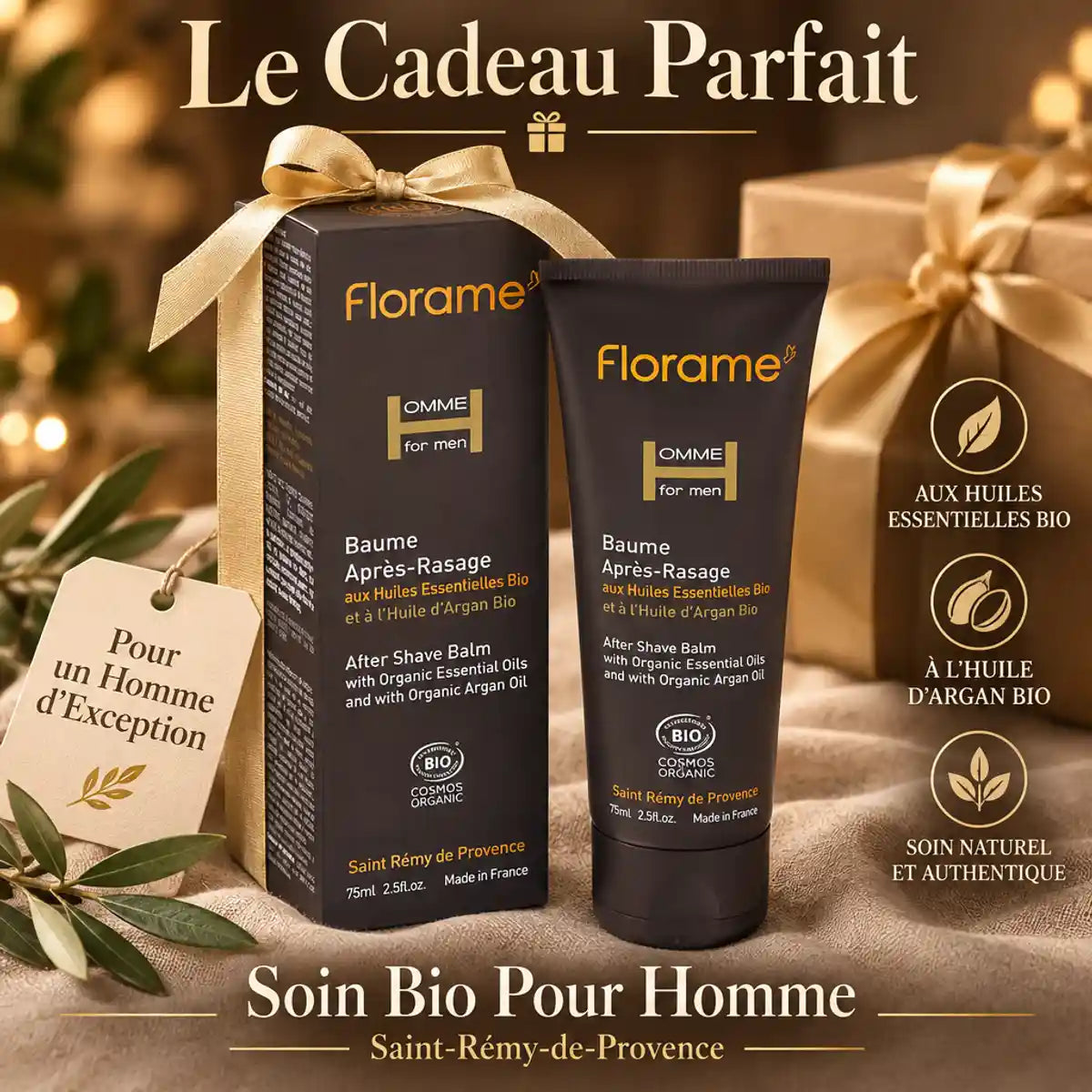 Baume après-rasage bio Florame 75ml en tube marron avec boîte dorée sur lin beige, emballage cadeau luxe