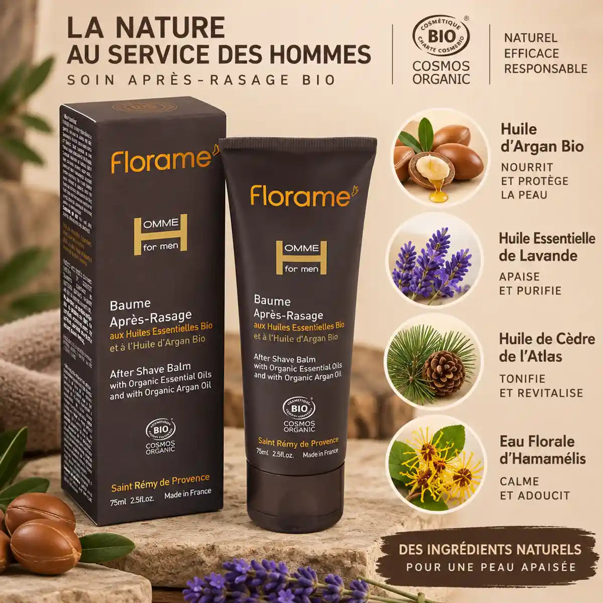 Baume après-rasage bio Florame 75ml avec ingrédients naturels argan lavande cèdre hamamélis