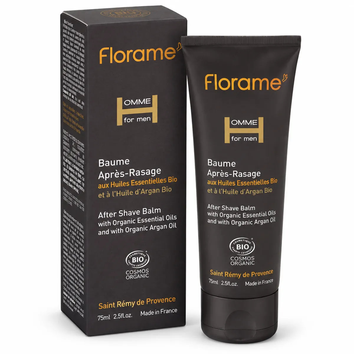 Baume après-rasage bio Florame 75ml avec boîte noire et certification COSMOS