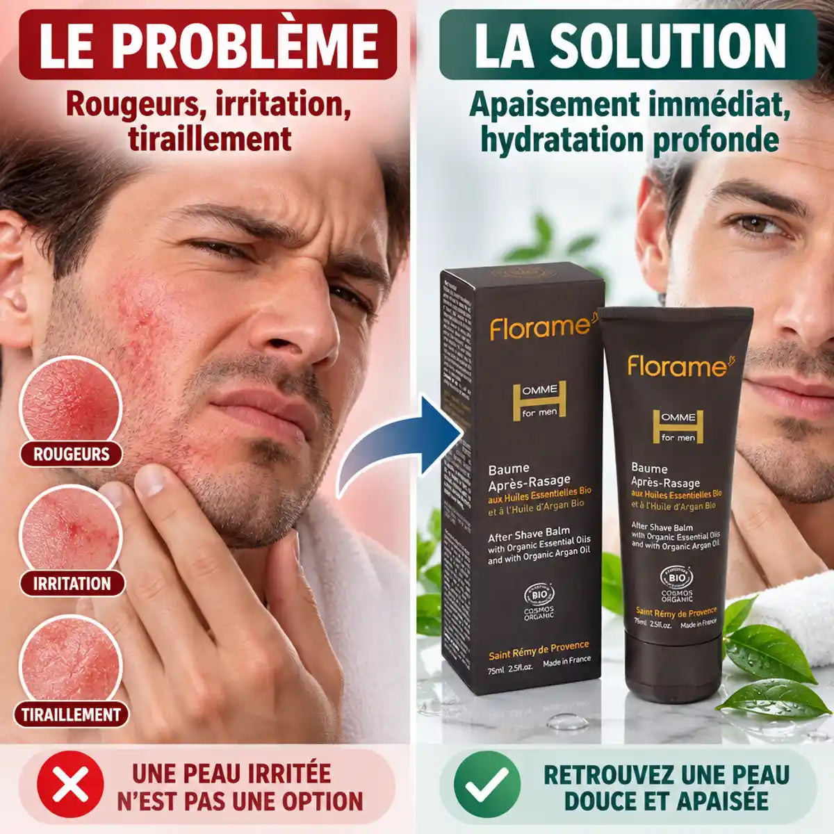 Baume après-rasage bio Florame 75ml - Comparaison avant/après irritation et apaisement cutané