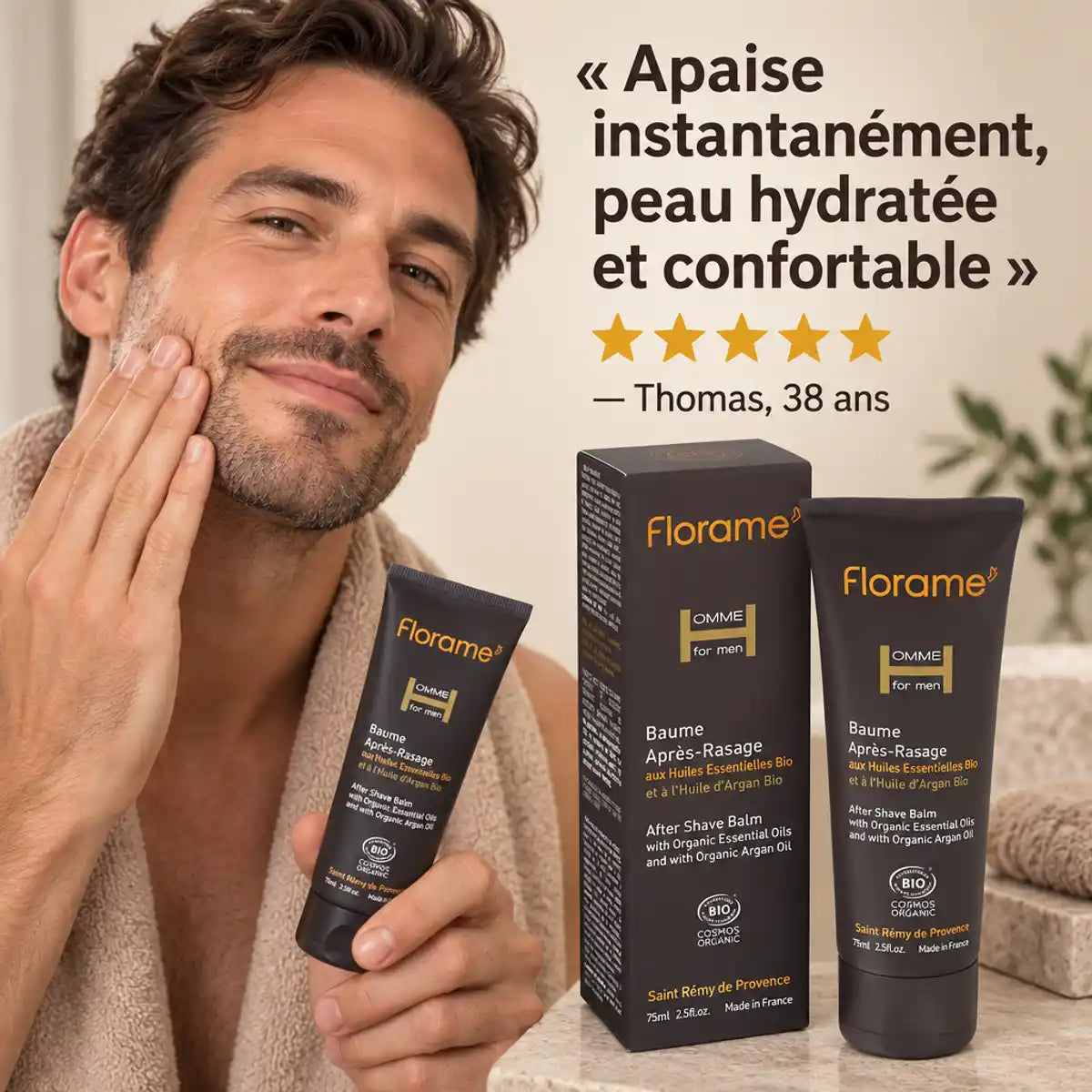 Baume après-rasage bio Florame 75ml avec homme appliquant le produit et avis client 5 étoiles