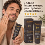 Baume après-rasage bio Florame 75ml avec homme appliquant le produit et avis client 5 étoiles