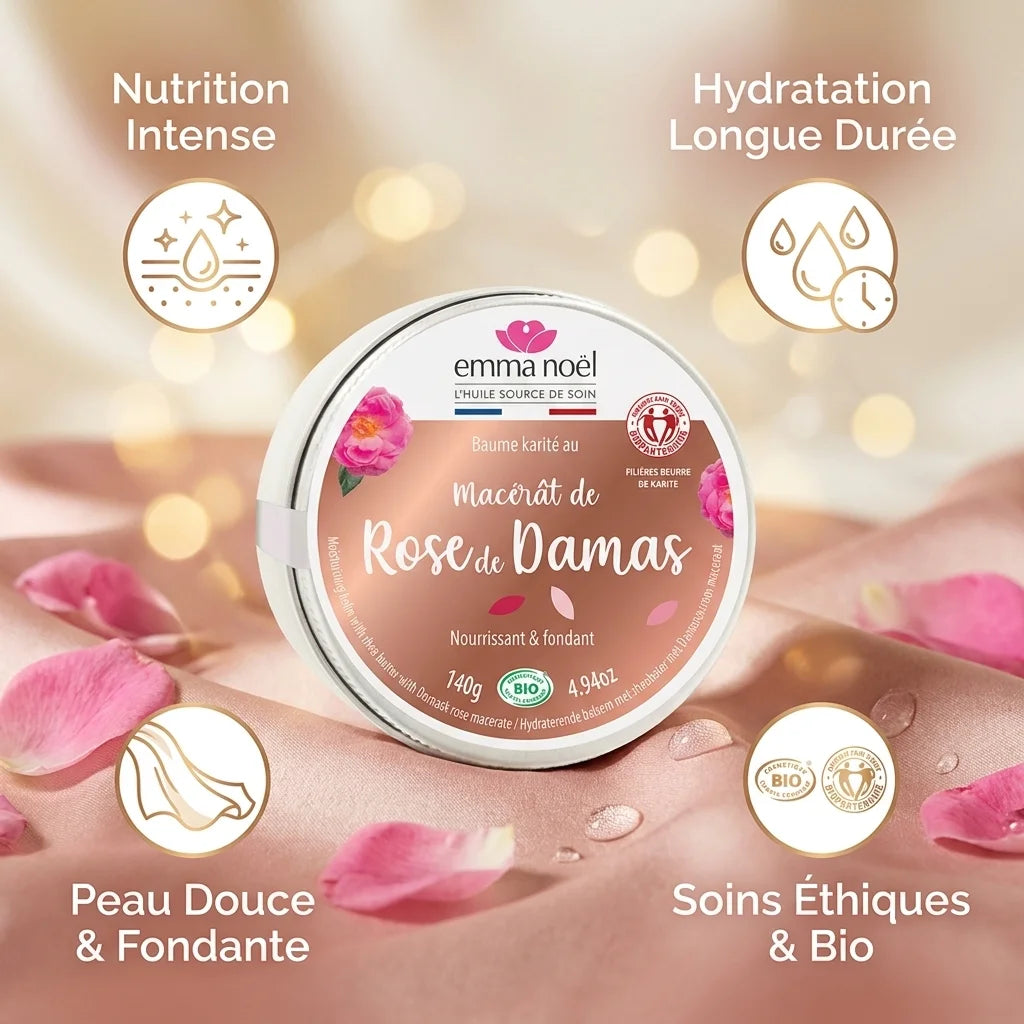 Baume Beurre de Karité Macérât Rose Damas Emma Noël 140g avec bénéfices nutrition hydratation