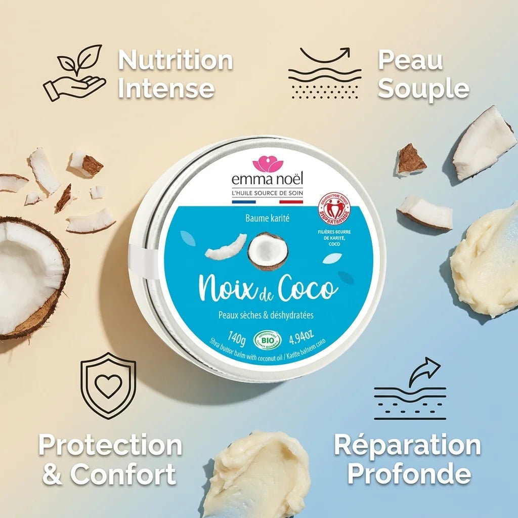 Baume Beurre de Karité Coco Bio Emma Noël 140g avec bénéfices nutrition, souplesse et réparation