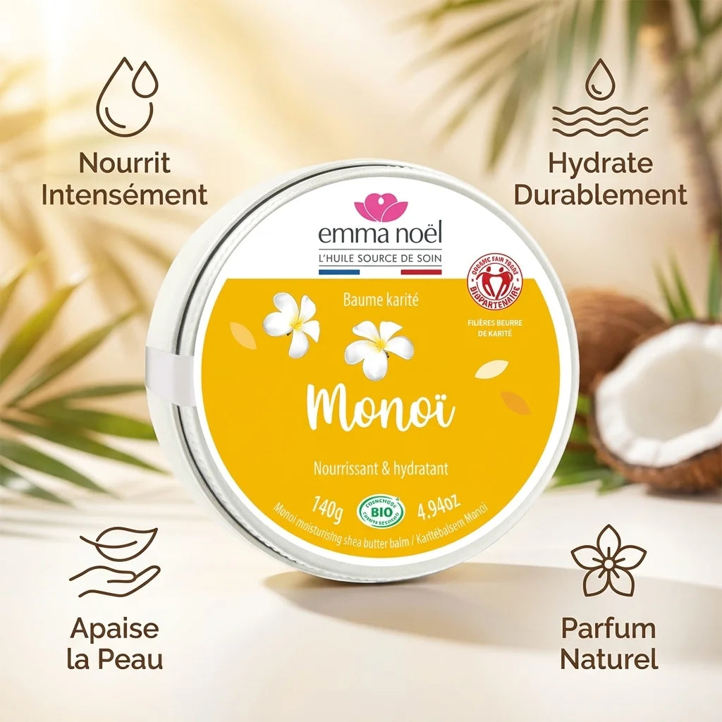 Baume Beurre de Karité Monoï Bio Emma Noël 140g avec bénéfices hydratants et apaisants