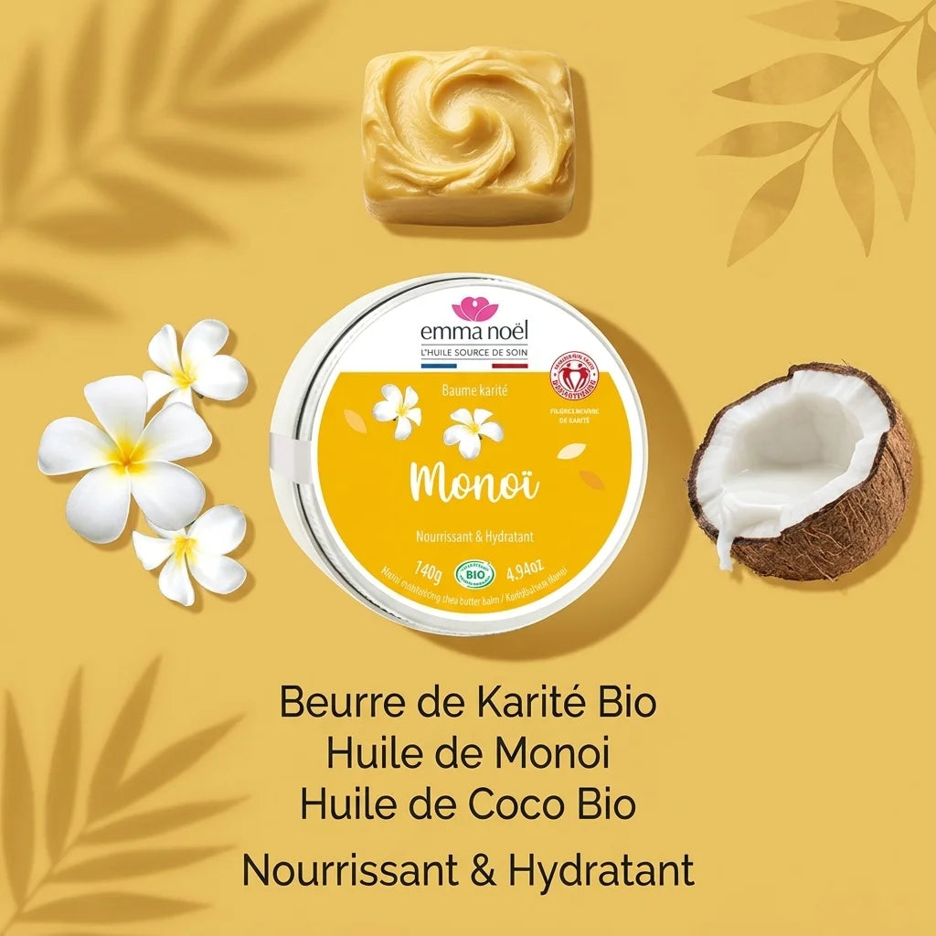 Baume Beurre de Karité Monoï Bio Emma Noël 140g avec ingrédients naturels