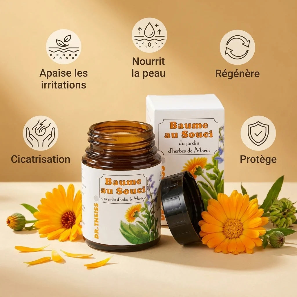 Baume au Souci Dr Theiss 100ml avec fleurs de calendula et icônes des bénéfices apaisants et régénérants