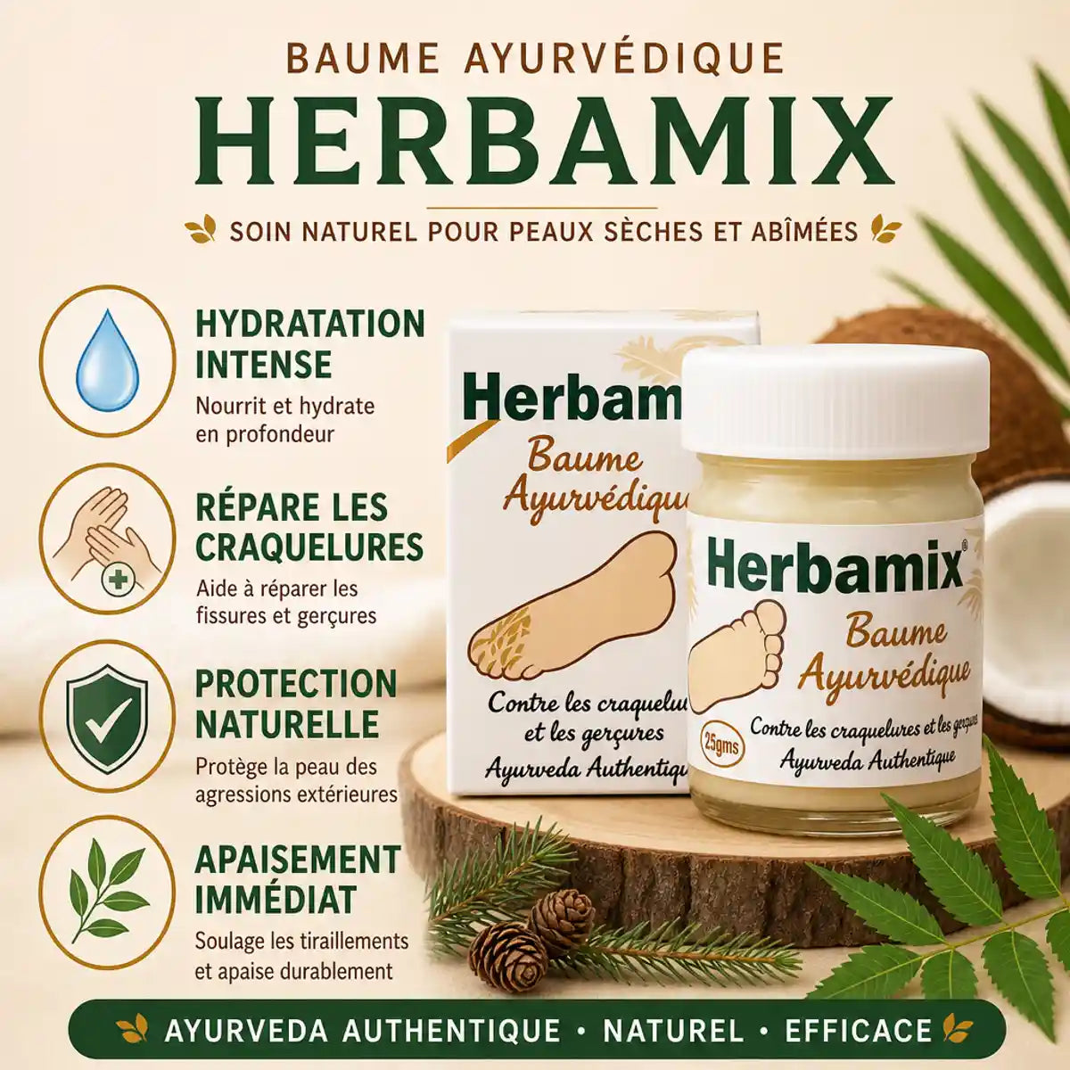 Baume Ayurvédique Herbamix avec ses 4 bénéfices : hydratation intense, réparation, protection naturelle et apaisement
