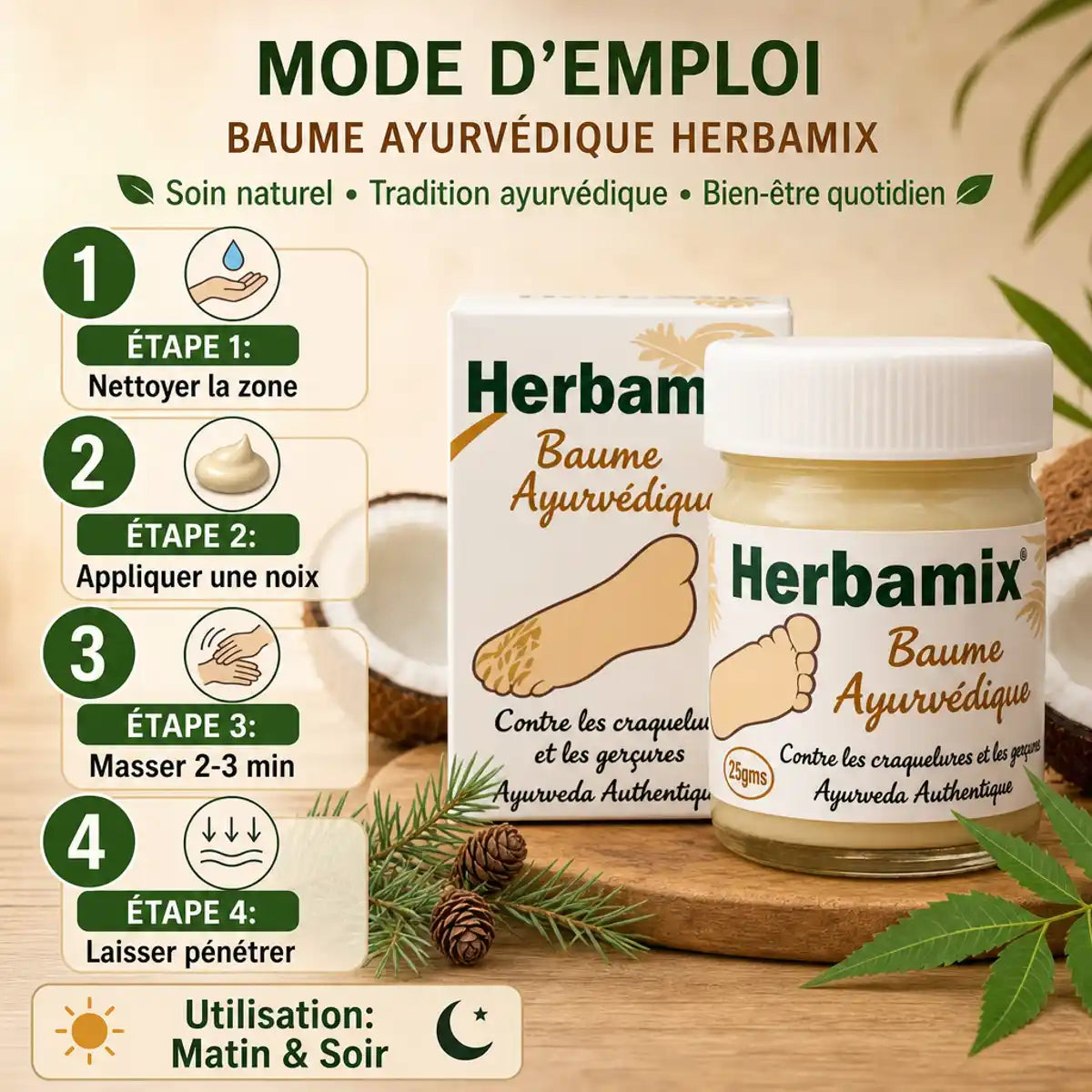 Baume Ayurvédique Herbamix 20g avec guide application 4 étapes pour pieds, mains et lèvres