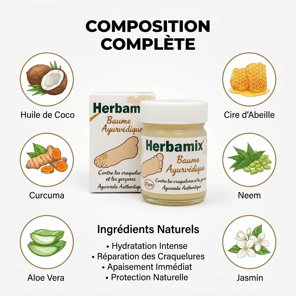 Baume Ayurvédique Herbamix 20g avec ingrédients naturels : Coco, Cire d'Abeille, Curcuma, Neem, Aloe Vera, Jasmin