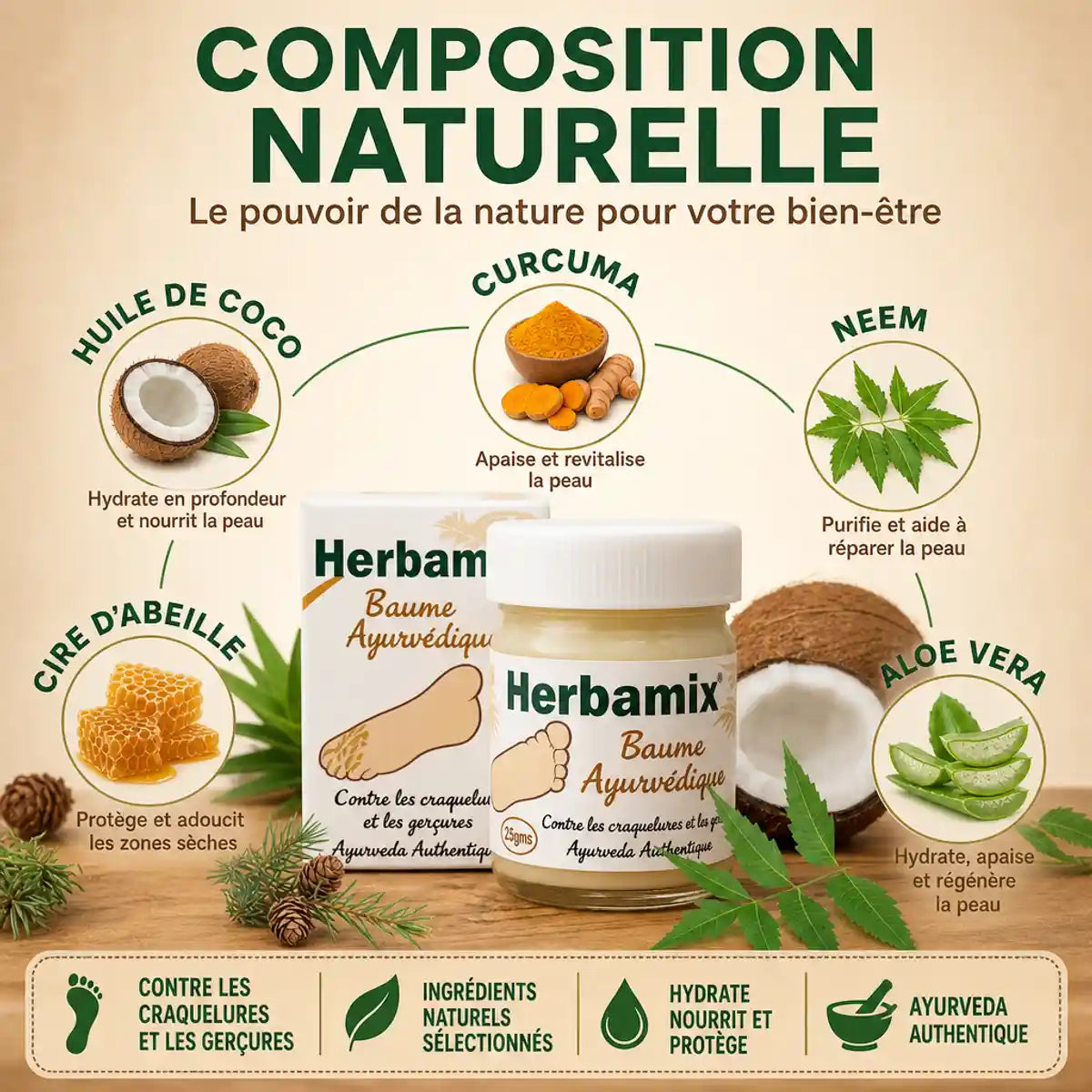 Baume Ayurvédique Herbamix 20g avec ingrédients naturels : coco, curcuma, neem et aloe vera