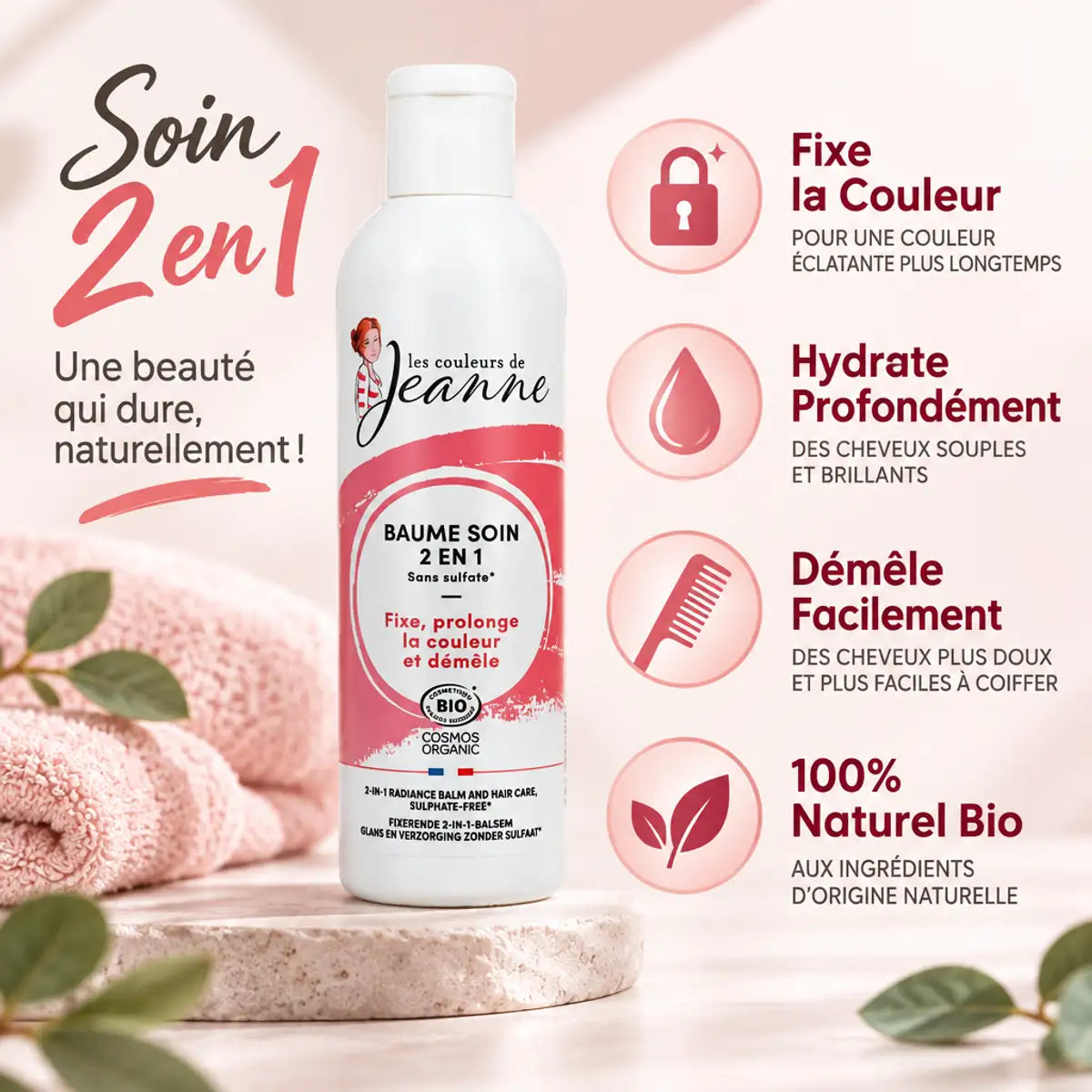 Baume cheveux 2en1 Les Couleurs de Jeanne : fixateur de couleur et hydratant naturel bio