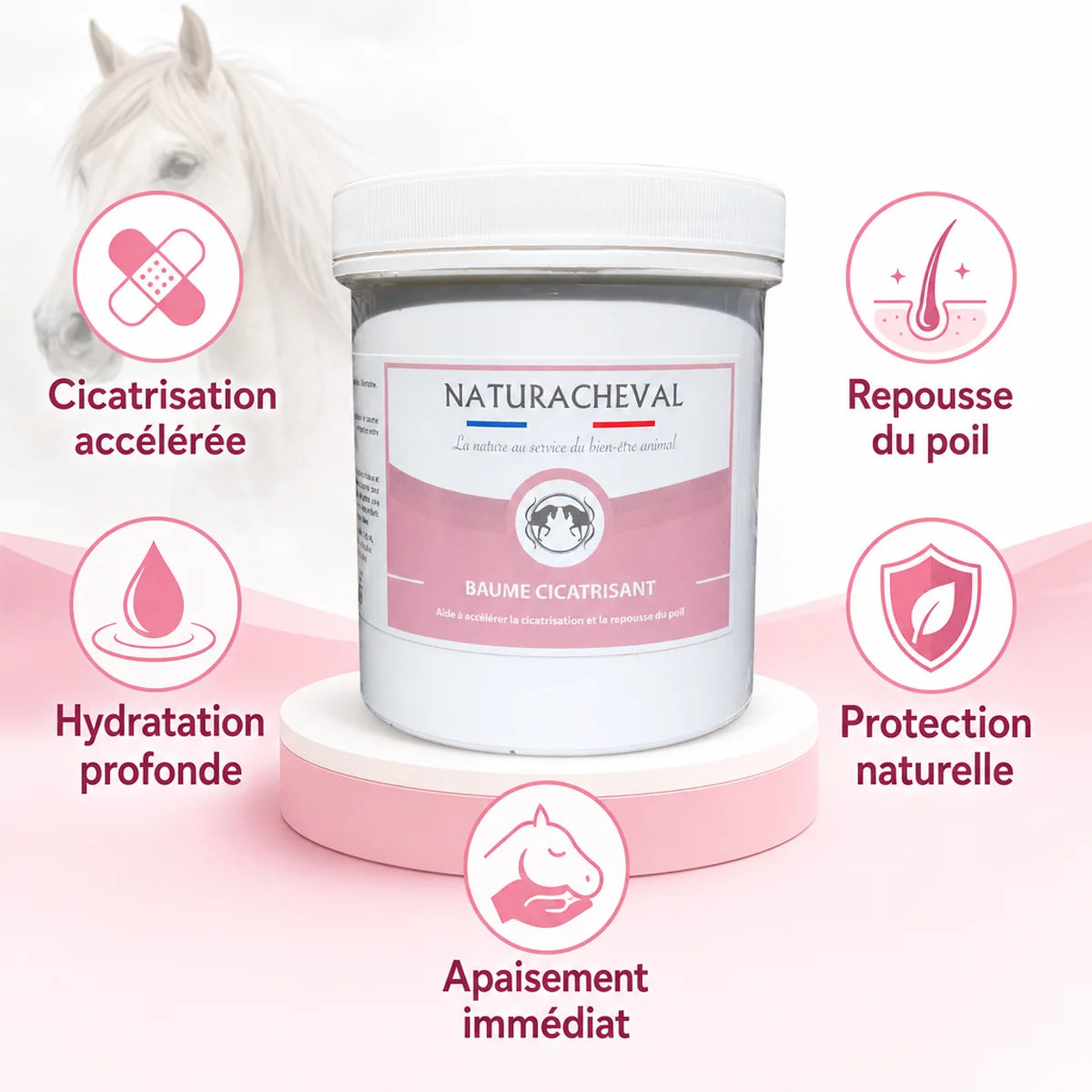 Baume cicatrisant Naturacheval 500g avec bénéfices : cicatrisation accélérée et repousse du poil