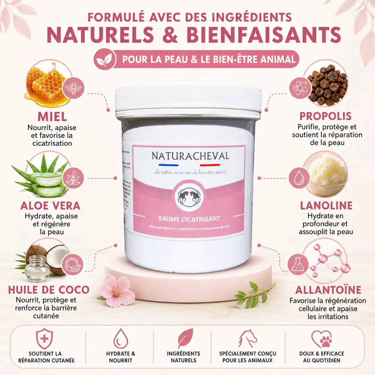 Baume cicatrisant Naturacheval 500g avec ingrédients naturels : miel, propolis, aloe vera et lanoline